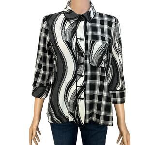 Ali Miles Patchwork Mixed Materials Blouse Small Petite Textured Button Artsy